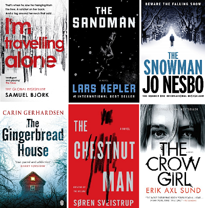 nordic noir books - i'm traveling alone, the sandman, the snowman, the gingerbread house, the chestnut man, the crow girl